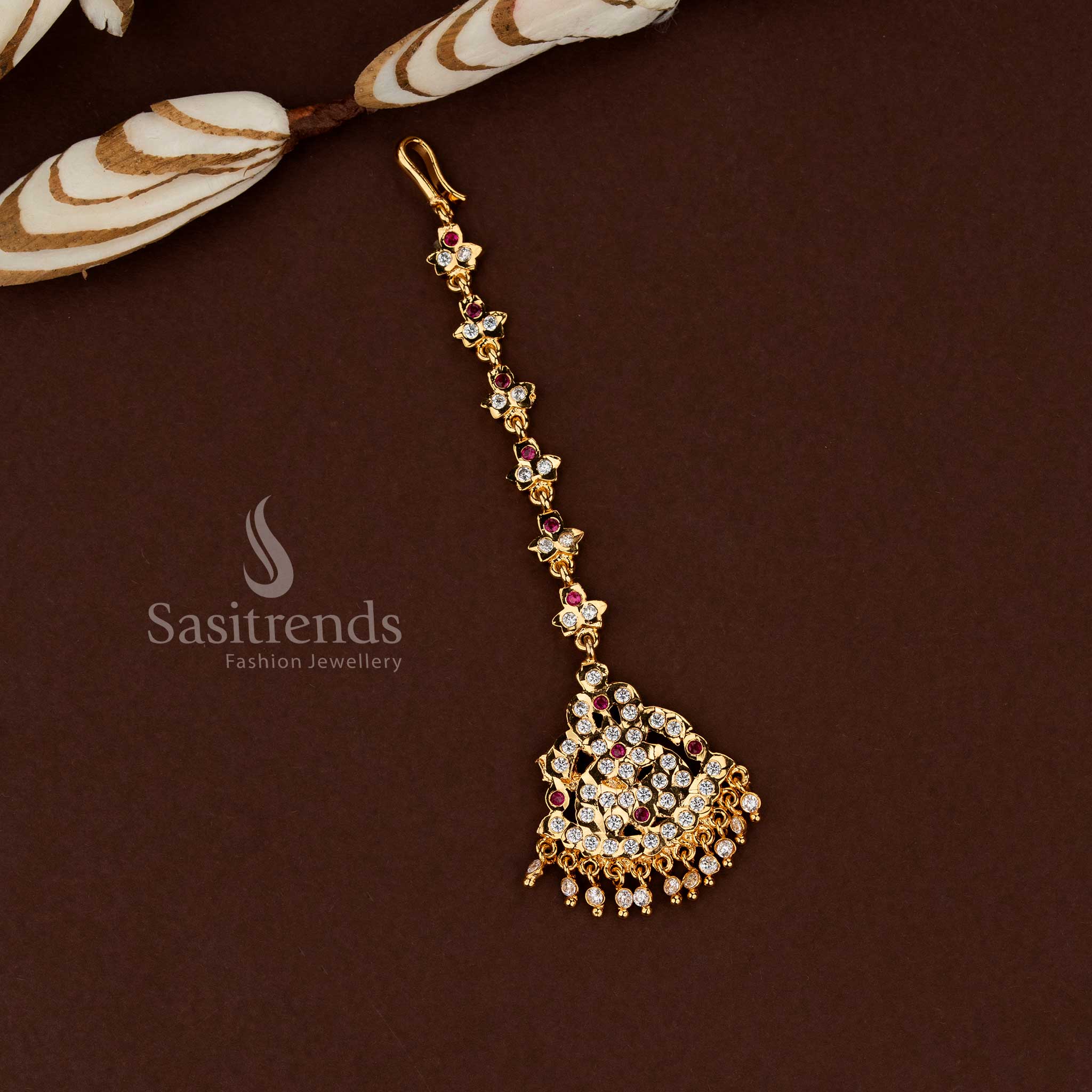 Premium Impon Gati white ruby American diamond stone maang tikka in 24K micro gold plated finish offering guaranteed real gold look for bridal wear wedding ceremonies and temple functions - Sasitrends