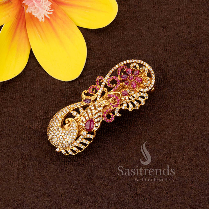 Enchanting white-ruby matte gold plated American diamond hair clip, a radiant adornment for festive and traditional wear – Sasitrends