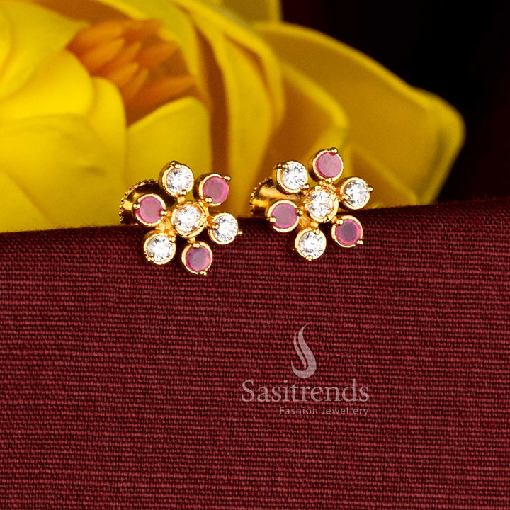 Charming white-ruby micro gold plated AD floral round stud earrings featuring exquisite detailing, ideal for festive temple occasions, cultural ceremonies, and traditional dressing - Sasitrends