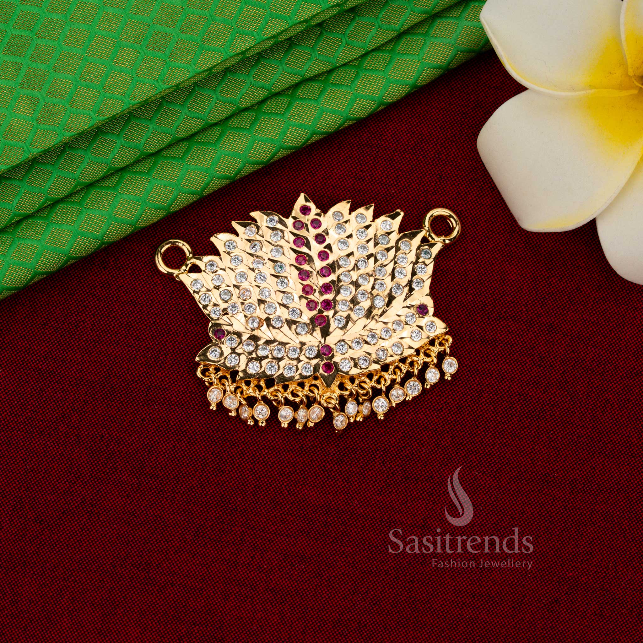 Auspicious radiance impon micro gold plated double crescent lotus AD stone pendant white ruby with one gram jewellery finish for bridal and temple wear – Sasitrends