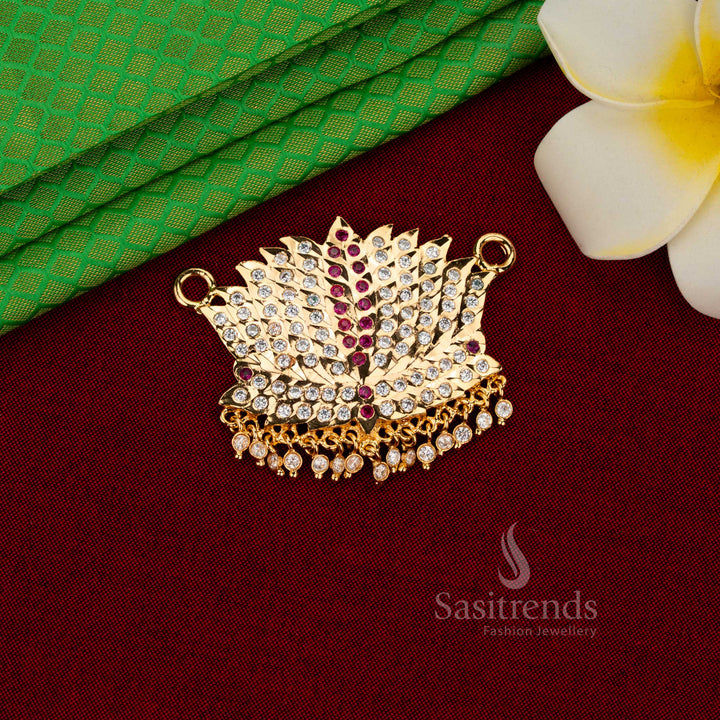 Auspicious radiance impon micro gold plated double crescent lotus AD stone pendant white ruby with one gram jewellery finish for bridal and temple wear – Sasitrends