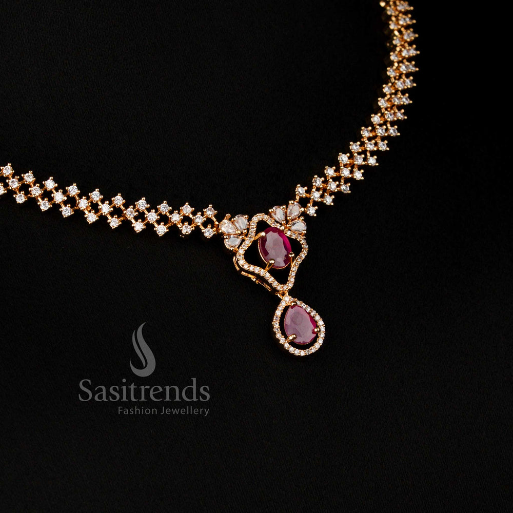 Majestic micro gold plated necklace with white-ruby floral pendant linked design and American diamond – Sasitrends
