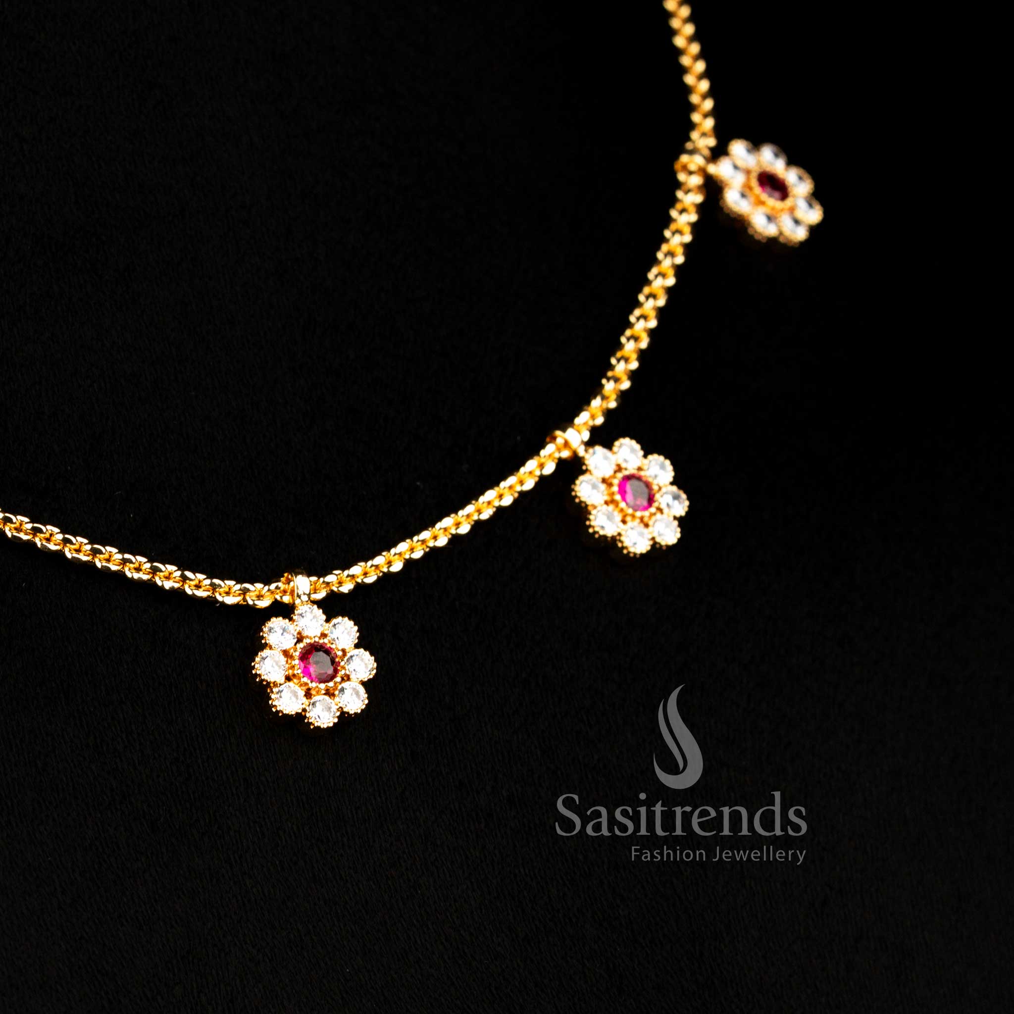 Classic Impon micro gold plated necklace showcasing white ruby floral round AD stone detailing for timeless traditional wear – Sasitrends