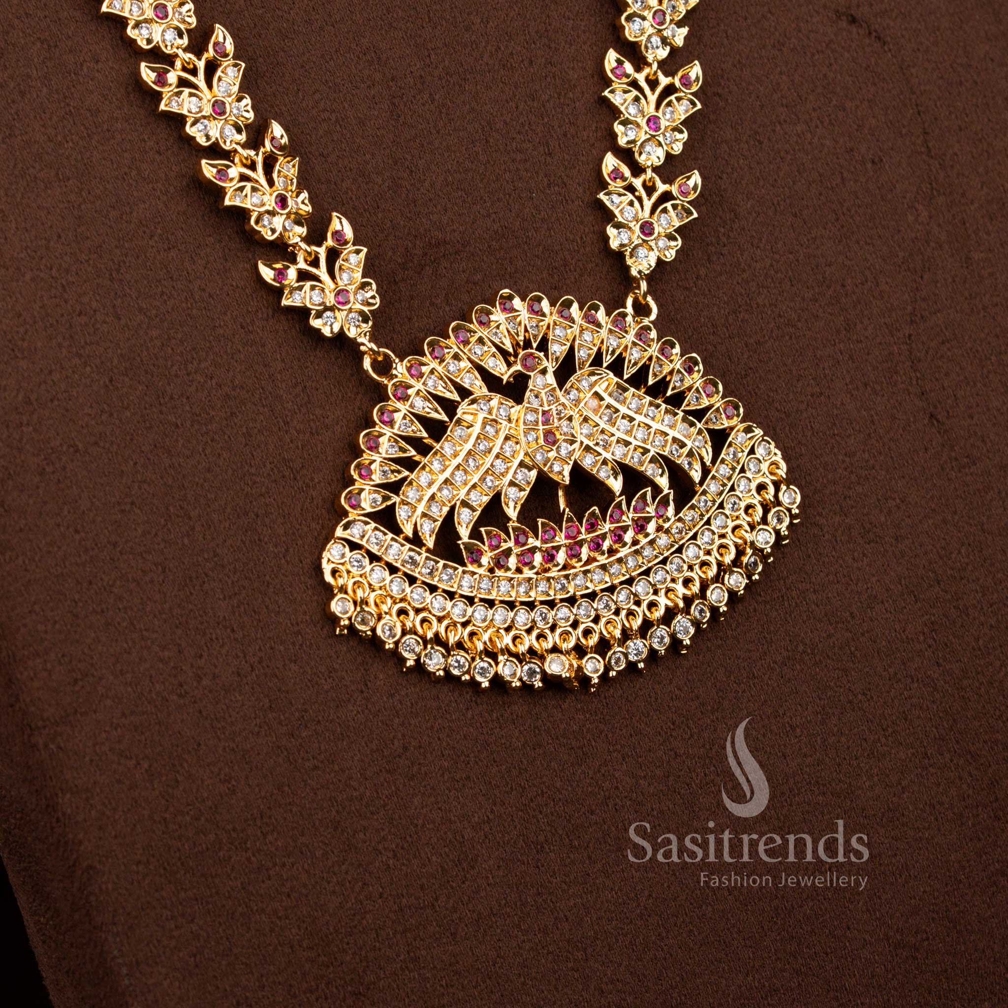 Magnificent micro gold plated eagle butterfly chain long haram necklace in white ruby brilliance perfect for receptions – Sasitrends