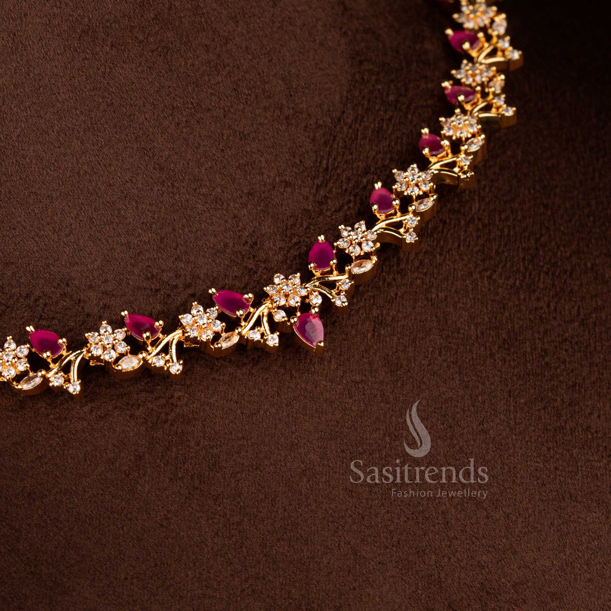 Magnificent micro gold American diamond garland style necklace in white ruby finish ideal for festive evenings – Sasitrends