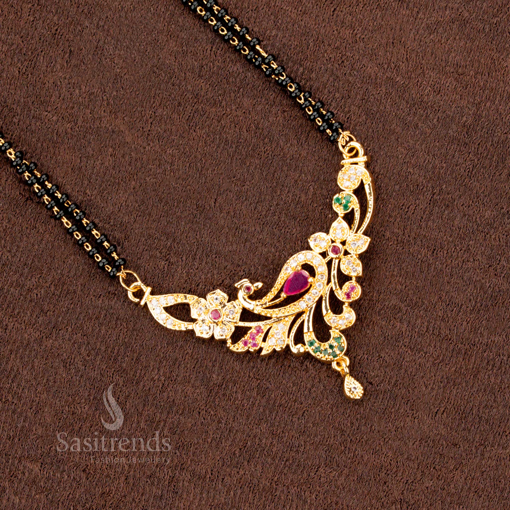 Premium black beads Mangalsutra with a micro gold plated chain, featuring an elegant AD stone pendant, a classic jewellery addition - Sasitrends