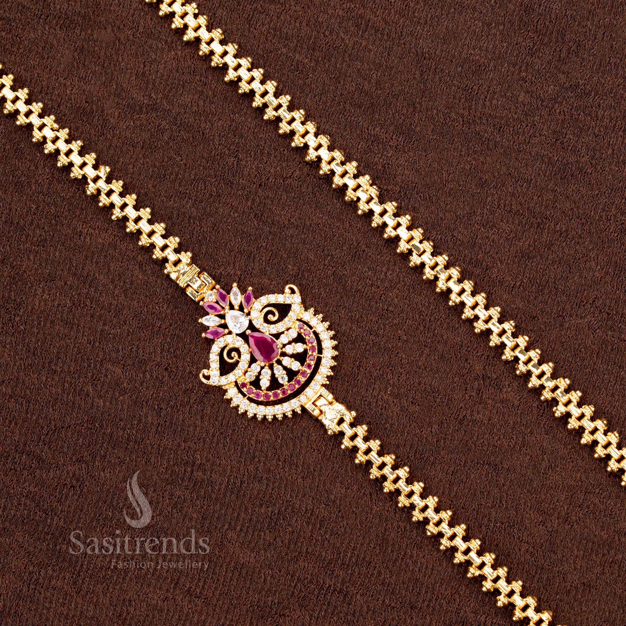 Royal white-ruby floral fan Mugappu chain, micro gold plated with one gram finish, adorned with AD stones for a luxurious and ethnic jewellery look - Sasitrends