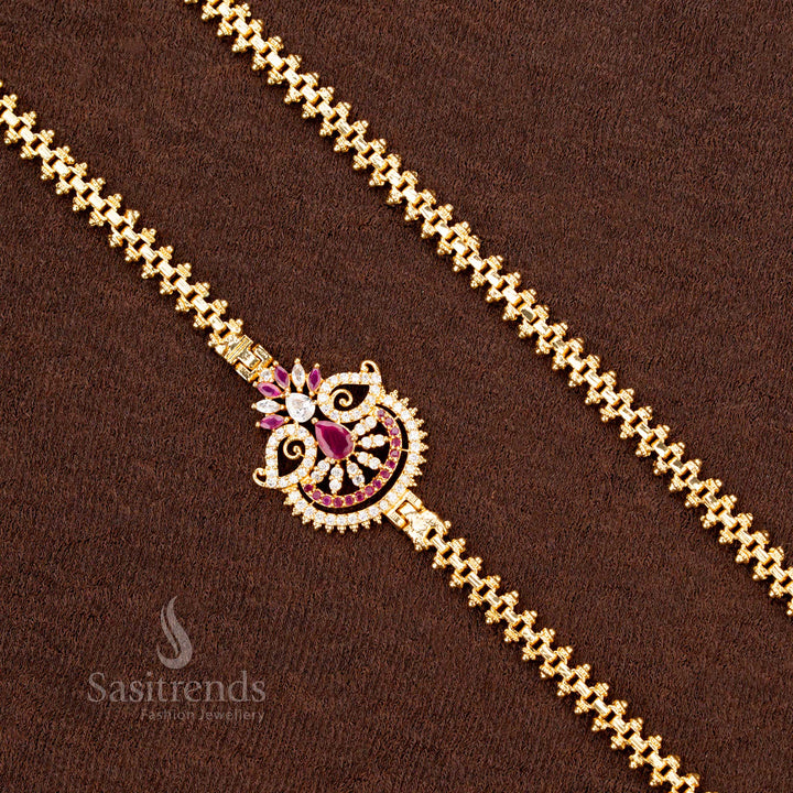 Royal white-ruby floral fan Mugappu chain, micro gold plated with one gram finish, adorned with AD stones for a luxurious and ethnic jewellery look - Sasitrends