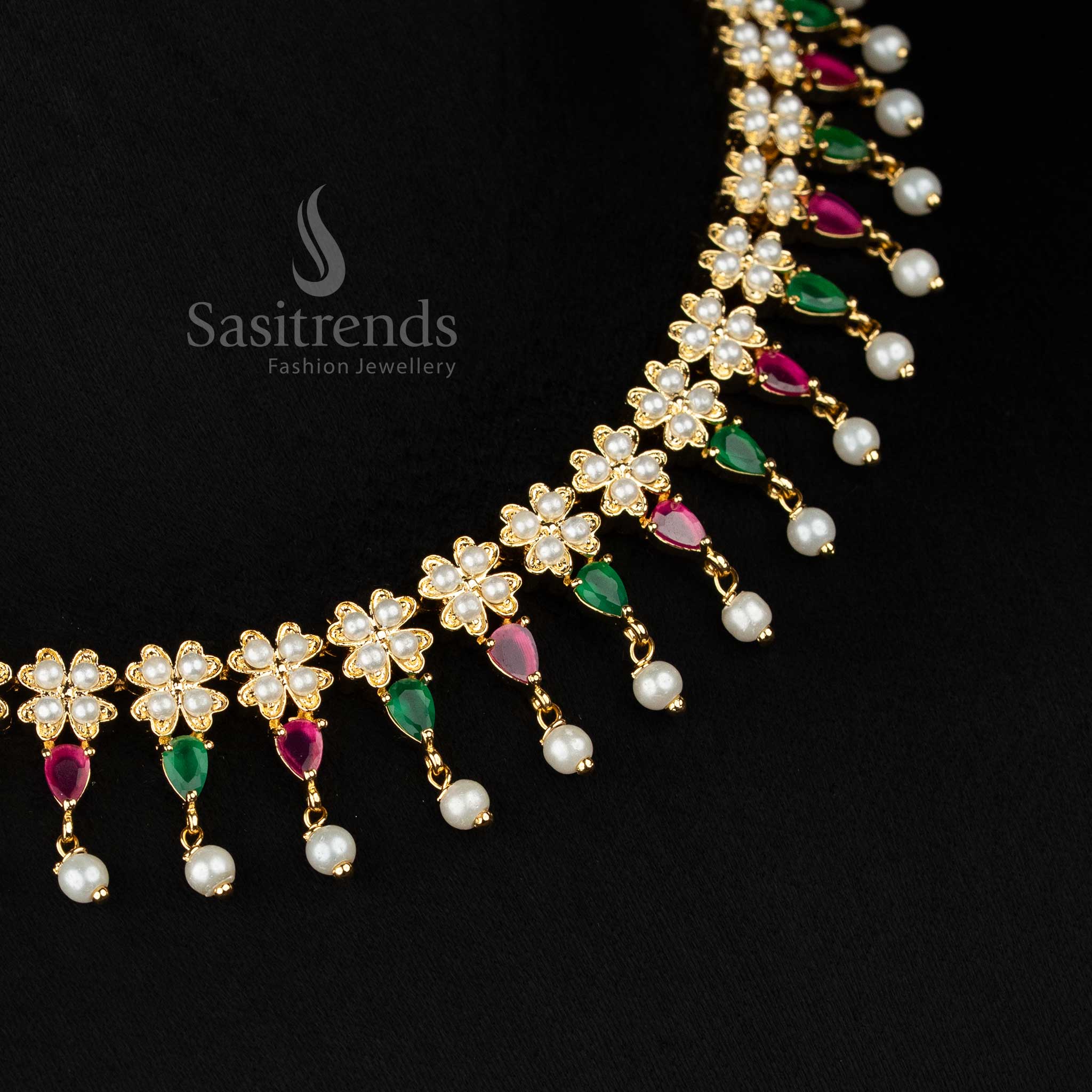 LuxePetal micro gold plated pearl ruby green 4 fringes floral teardrop AD Necklace designed with pearl drops for evening celebrations - Sasitrends