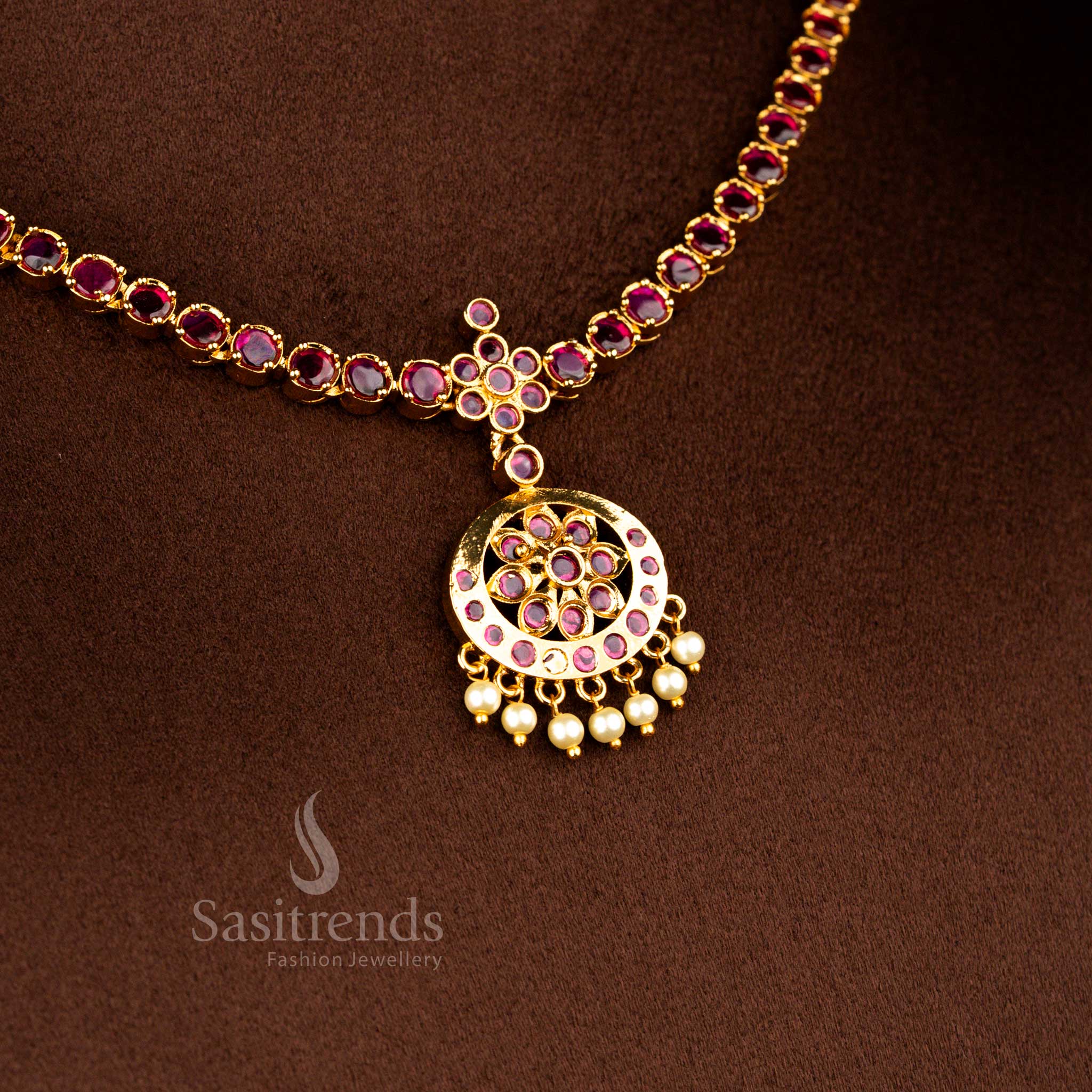 American diamond matte gold plated floral pendant traditional attigai necklace set with matching necklace and earrings ideal for bridal wear, festive rituals and grand occasions – Sasitrends