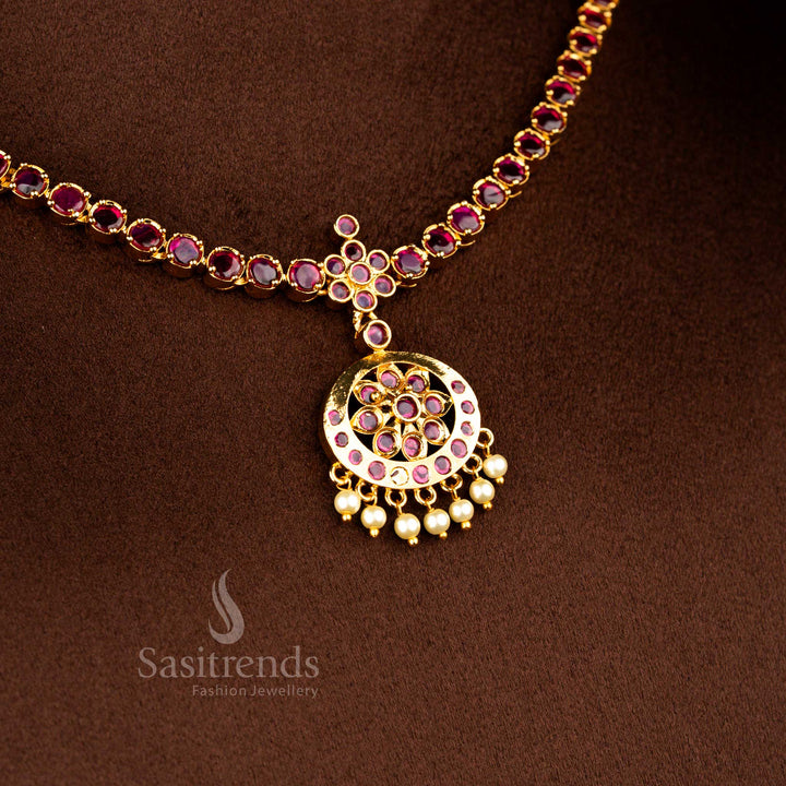 American diamond matte gold plated floral pendant traditional attigai necklace set with matching necklace and earrings ideal for bridal wear, festive rituals and grand occasions – Sasitrends