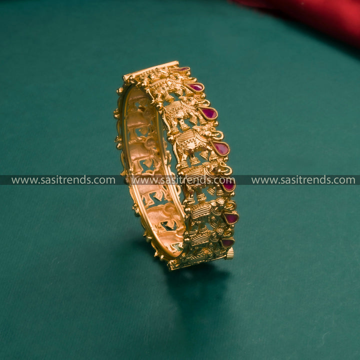 Antique Gold Plated Temple Kada Bangle with Elephant Motif & Synthetic Stones