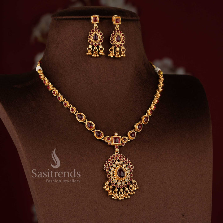 Graceful ruby refined classic matte gold plated teardrop necklace jewellery set with vibrant red stones for celebrations – Sasitrends
