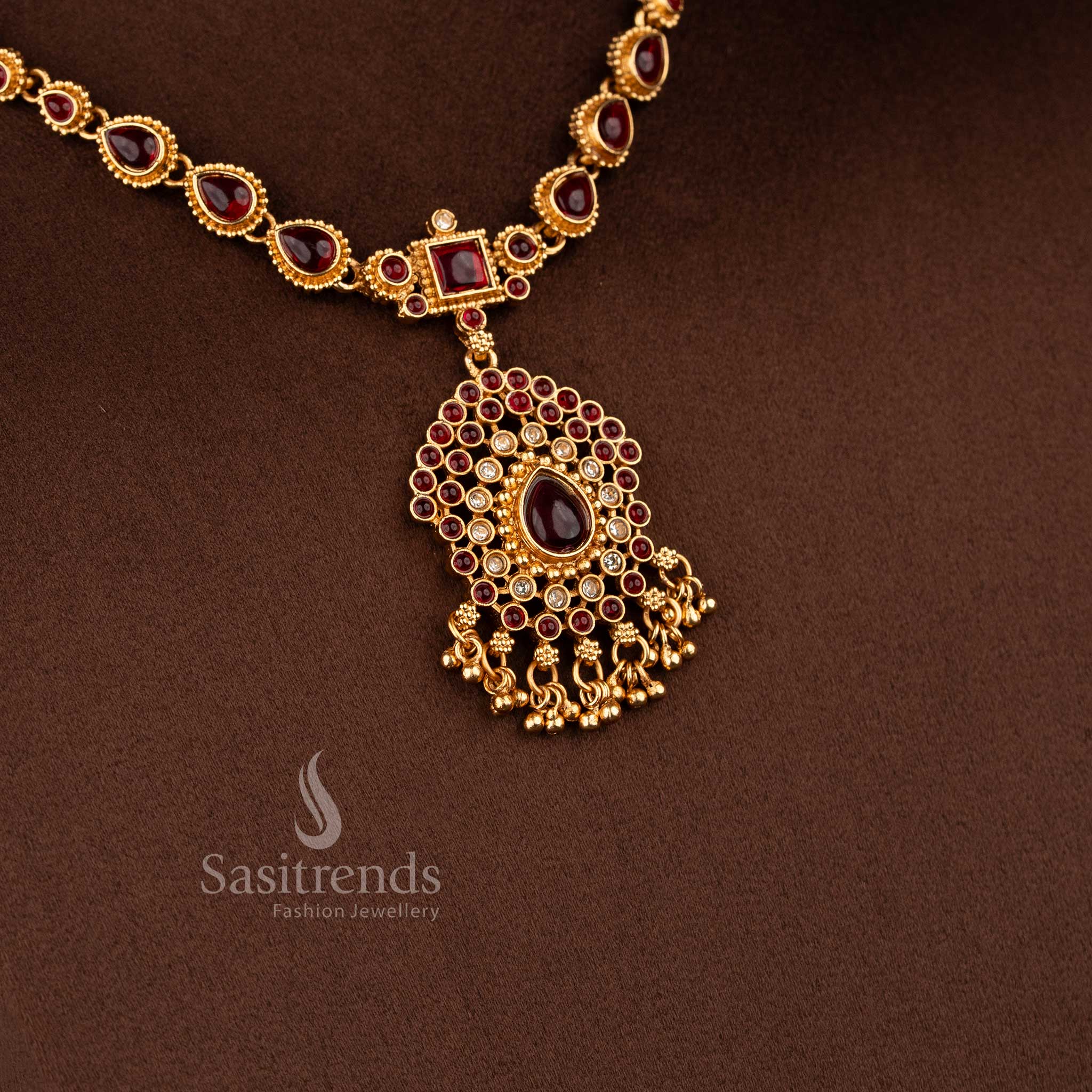 Stylish ruby elegant classic matte gold plated teardrop necklace jewellery set for wedding and celebration wear – Sasitrends