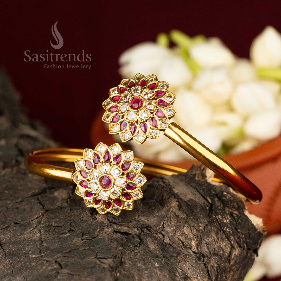 AD Stone Studded Temple Bracelet in White-Ruby