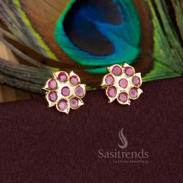 Classic Ruby Flower AD Stone Stud Earrings Designed In One Gram Micro Gold Plated Impon Addigai Screw Back Style – Sasitrends