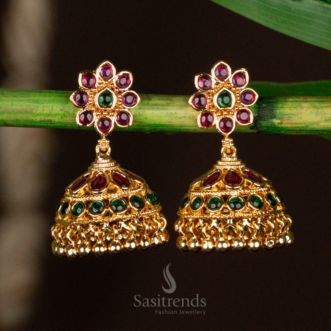 Micro Gold Plated Floral Jhumka Earrings with Layered AD Stones & Hanging Beads - Sasitrends