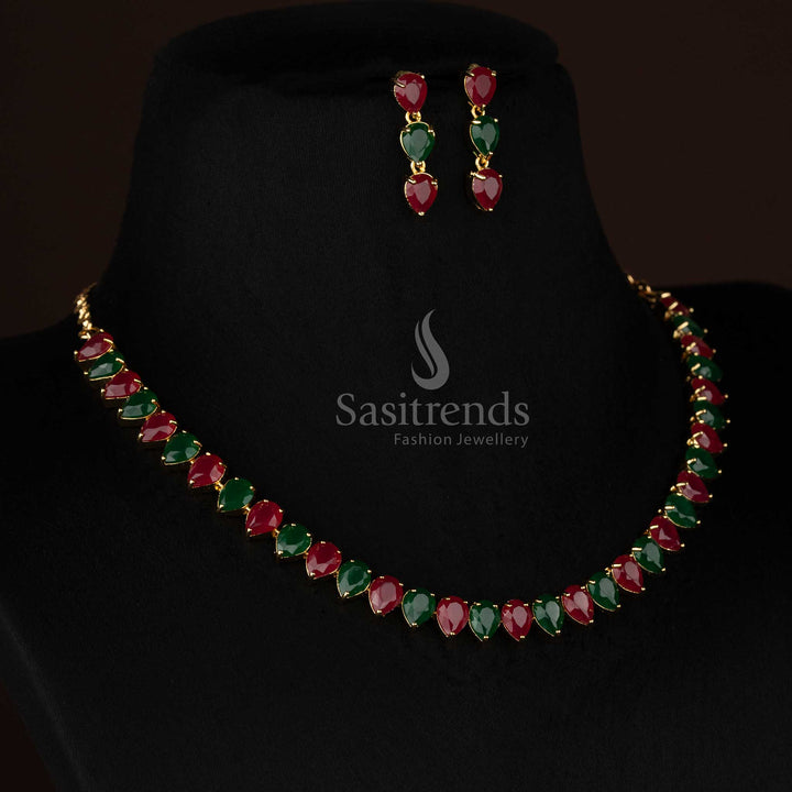 Stunning American Diamond 24K Micro Gold Plated Teardrop Necklace Set for Festival Outings