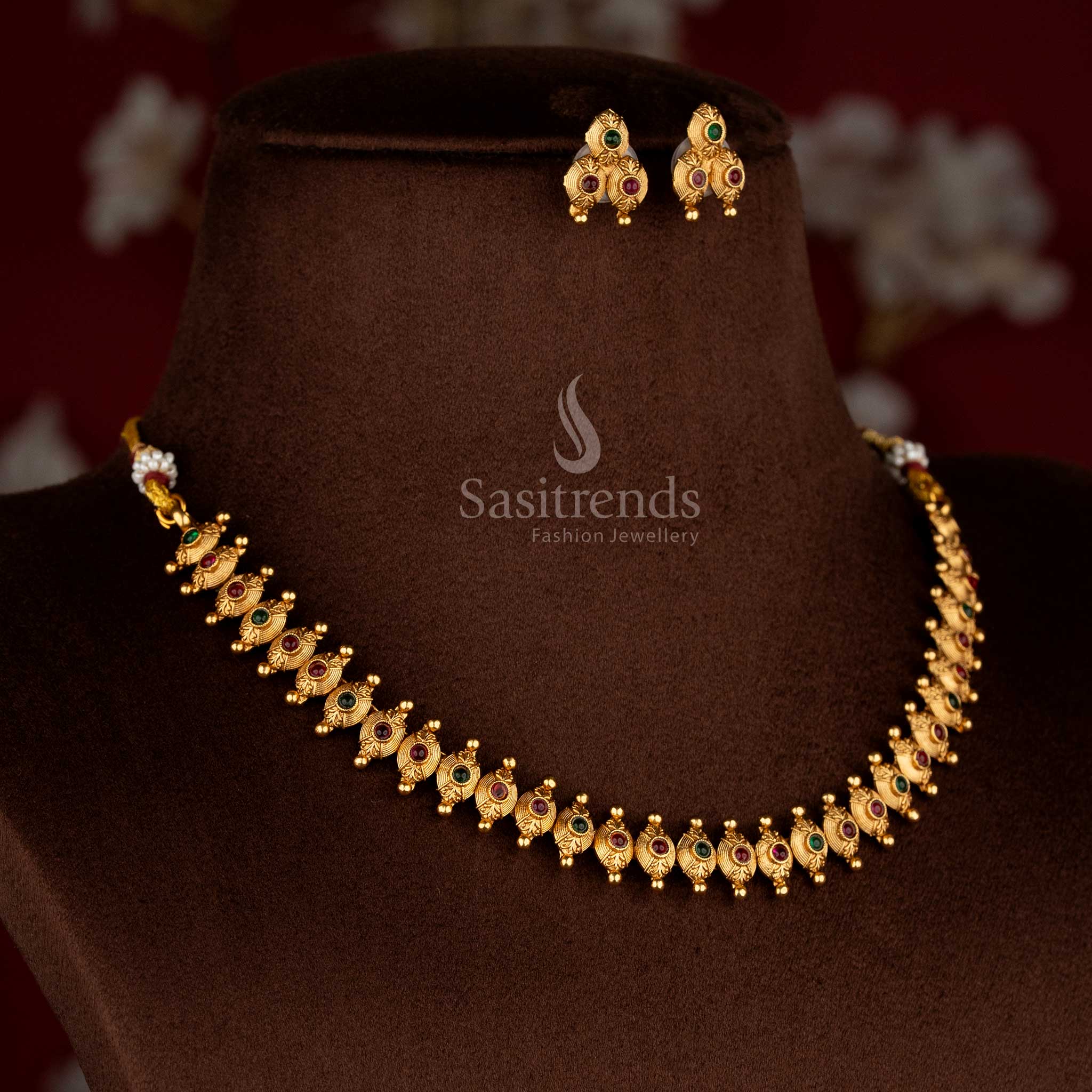 Classic antique matte gold plated traditional designer necklace jewellery set for festive wear – Sasitrends