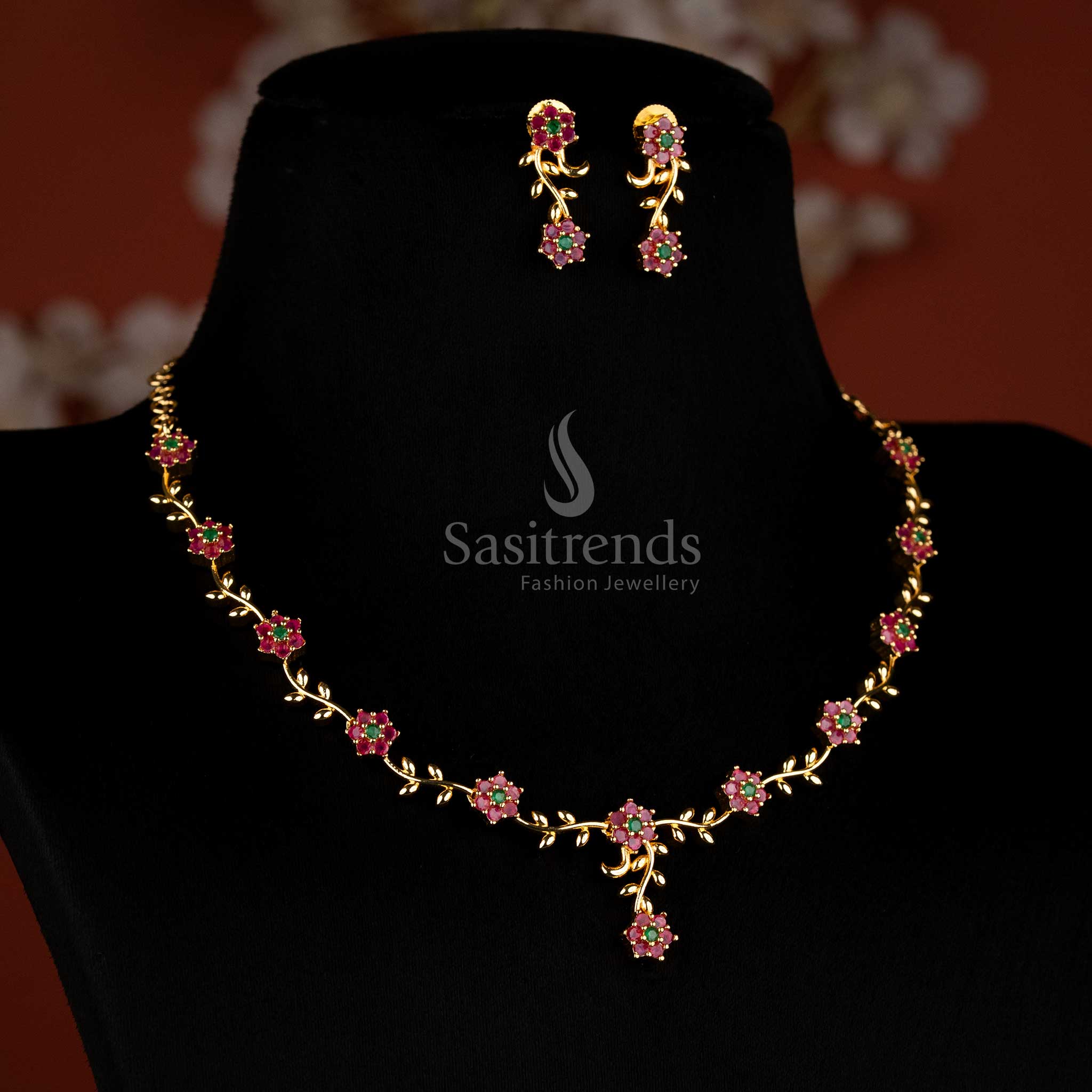 Festive elegance ruby-green floral vine AD necklace – Sasitrends