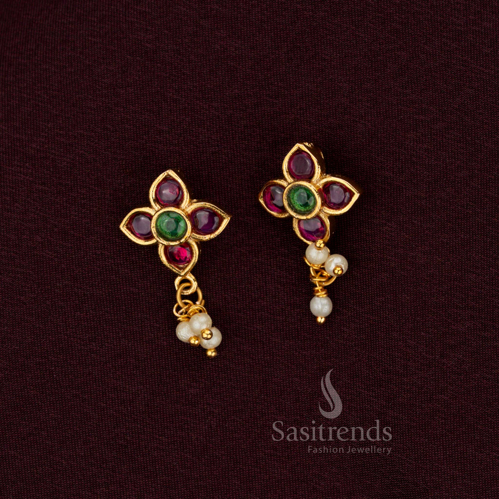 24K Gold Plated Jadau Bugadi Four Petal Floral Design Earrings With Ruby Green Stones Kundan And Pearls By Sasitrends