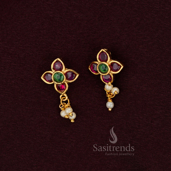 24K Gold Plated Jadau Bugadi Four Petal Floral Design Earrings With Ruby Green Stones Kundan And Pearls By Sasitrends