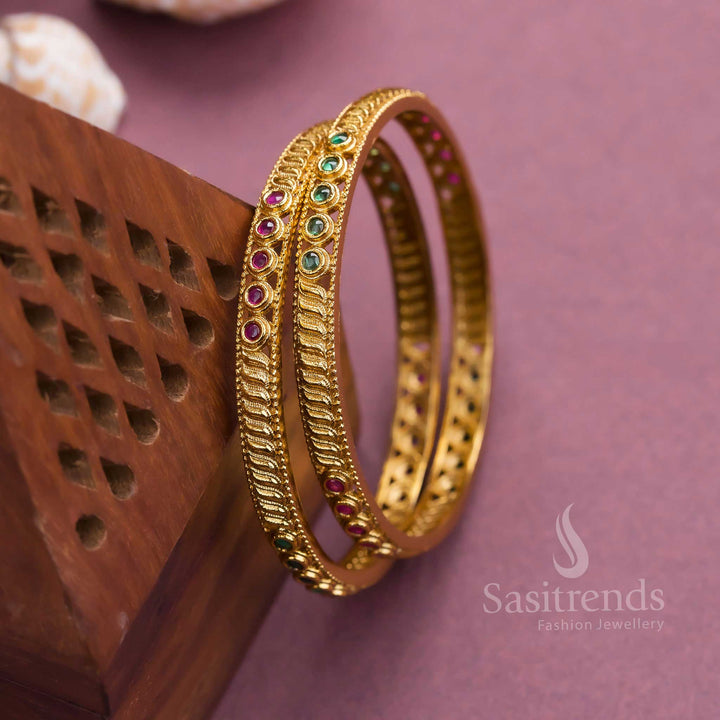 Latest Collection: Temple Matte Gold Plated Bangles with Floral & Leaf Pattern and American Diamond Stones for Women