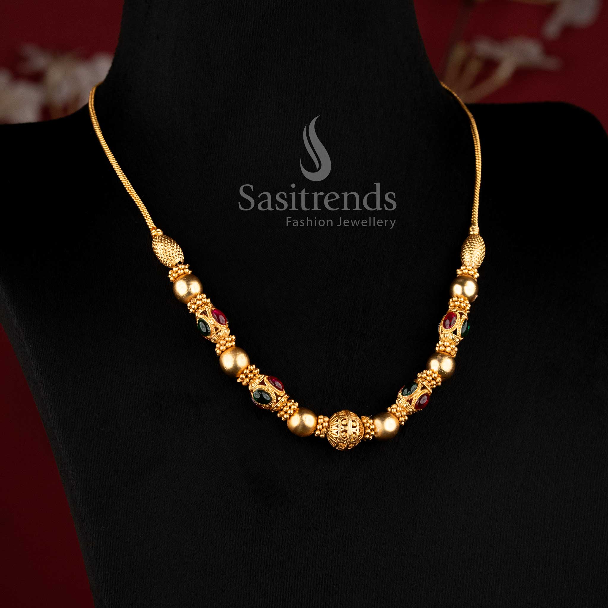 Premium Temple Matte Gold Ball Chain Necklace Exuding Traditional Charm for Festive and Bridal Jewellery – Sasitrends