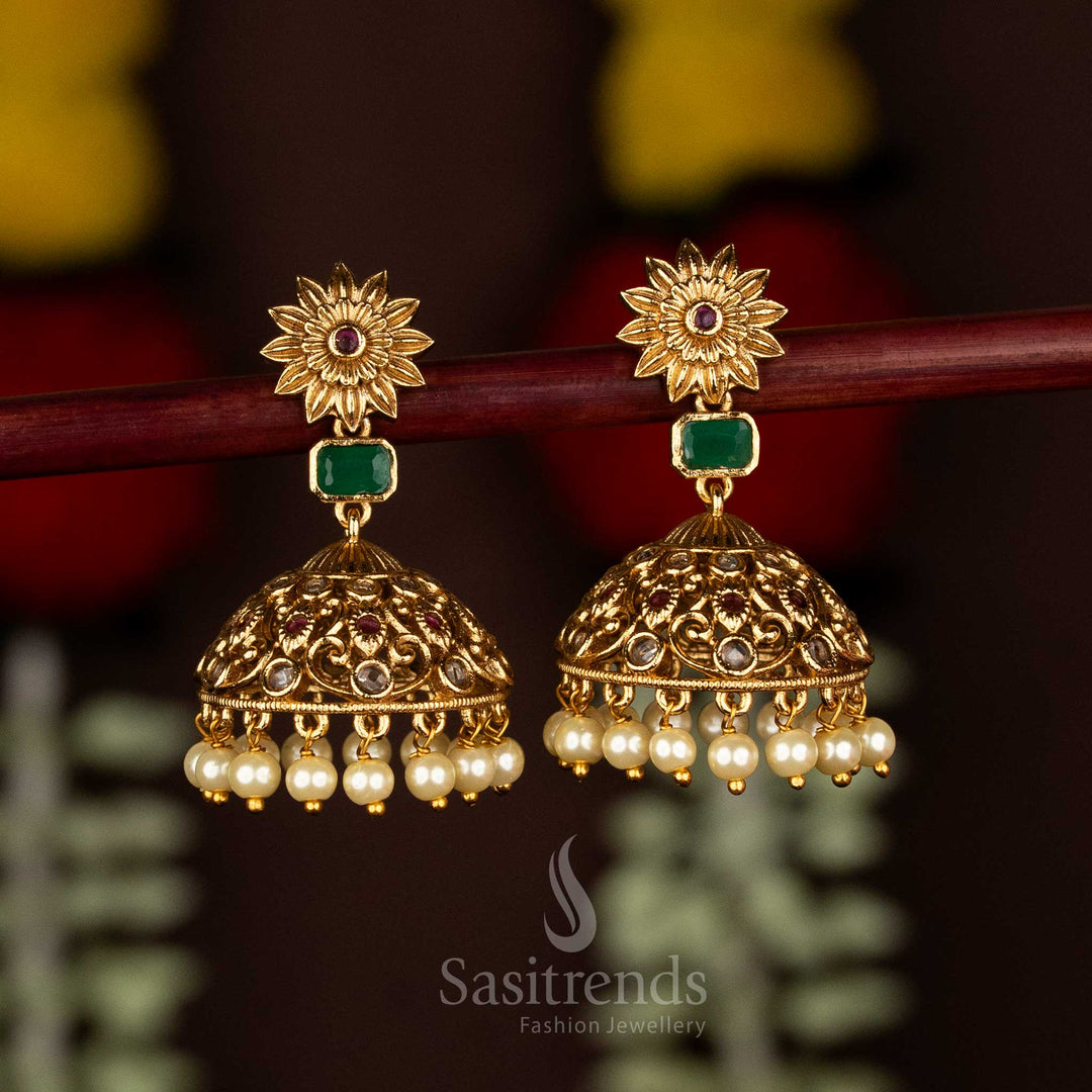 Graceful ruby green matte gold plated rectangular AD jhumka earrings with hanging pearls – Sasitrends