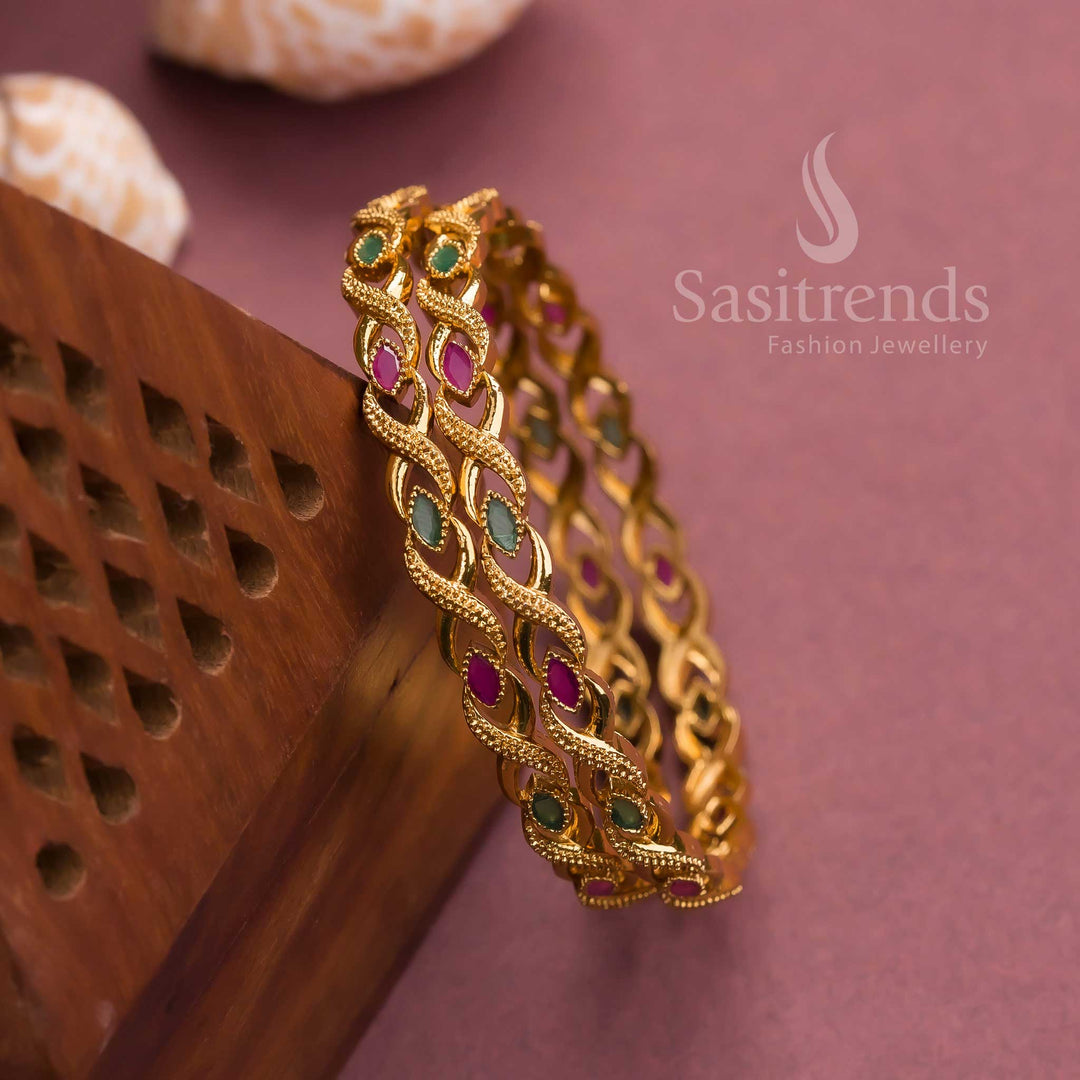 Matte gold plated bangles with leaf American diamond stones for women