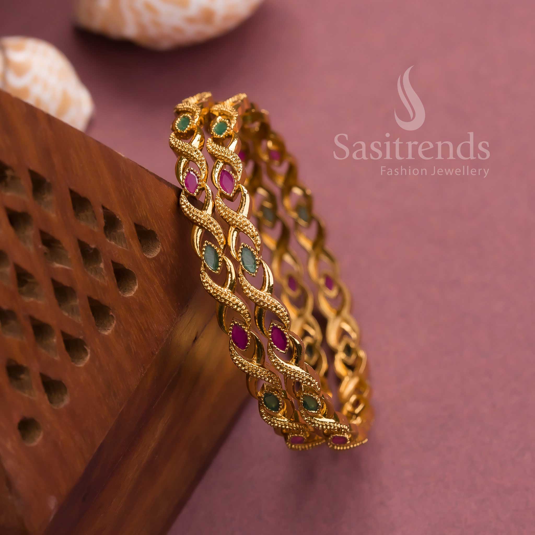 Matte gold plated bangles with leaf American diamond stones for women
