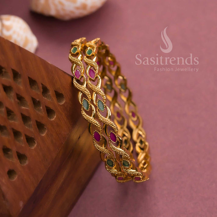 Matte gold plated bangles with leaf American diamond stones for women