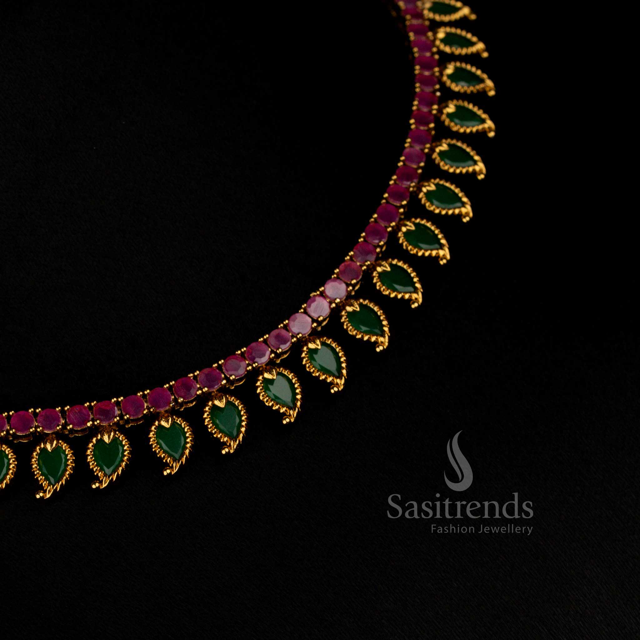 Ruby-Green Traditional Matte Gold Plated Palakka Mango AD Stone Short Necklace with Temple Craft Detailing for Elegant Bridal Looks – Sasitrends