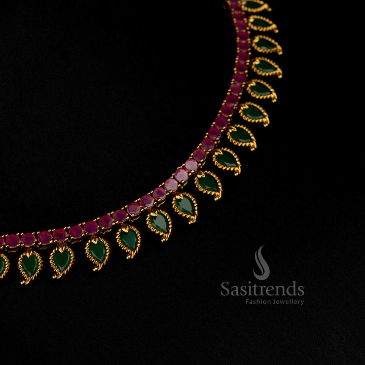 Ruby-Green Traditional Matte Gold Plated Palakka Mango AD Stone Short Necklace with Temple Craft Detailing for Elegant Bridal Looks – Sasitrends