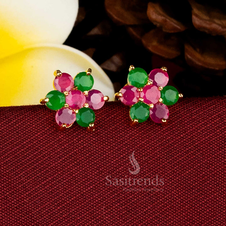 Enchanting ruby green circular AD stone floral stud earrings micro gold plated ideal for evening celebrations – Sasitrends