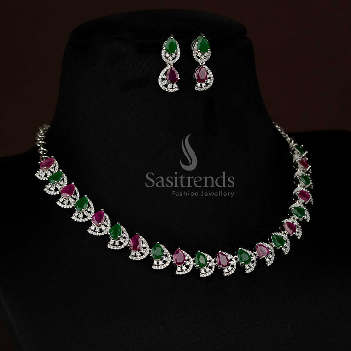 Majestic Dual Finish Rhodium Silver and Gold Plated Teardrop Infinity American Diamond Necklace Jewellery Set for Festive Wear