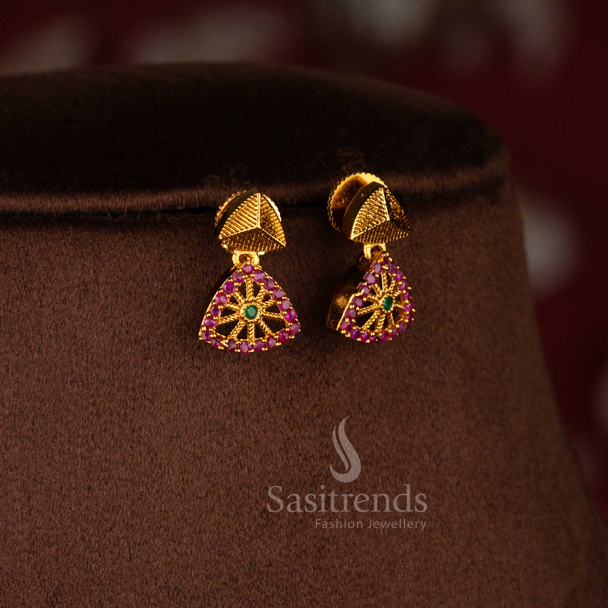 Traditional temple matte gold polished earrings enhanced with AD stone detailing in festive ruby green colour styling – Sasitrends