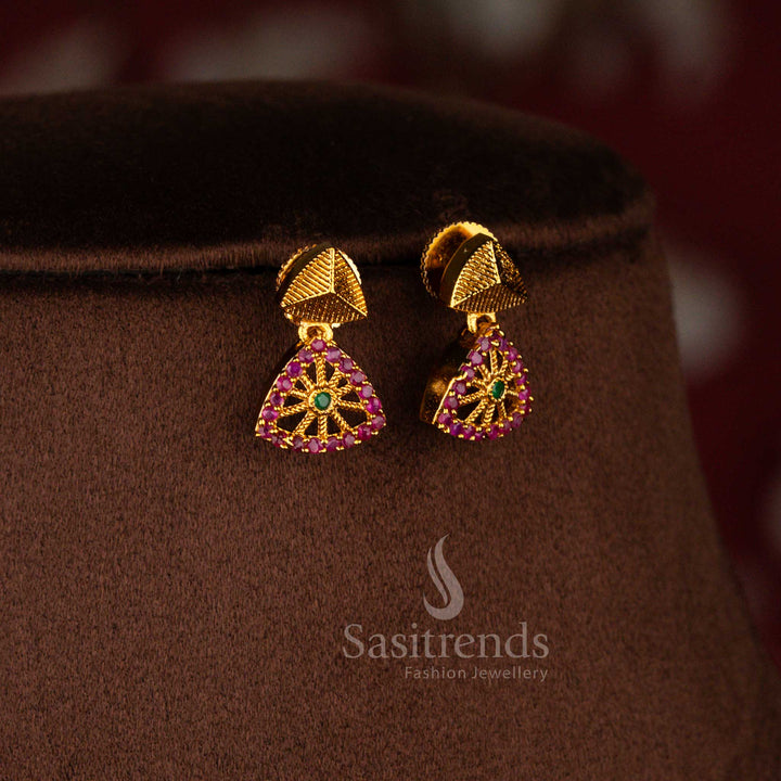 Traditional temple matte gold polished earrings enhanced with AD stone detailing in festive ruby green colour styling – Sasitrends