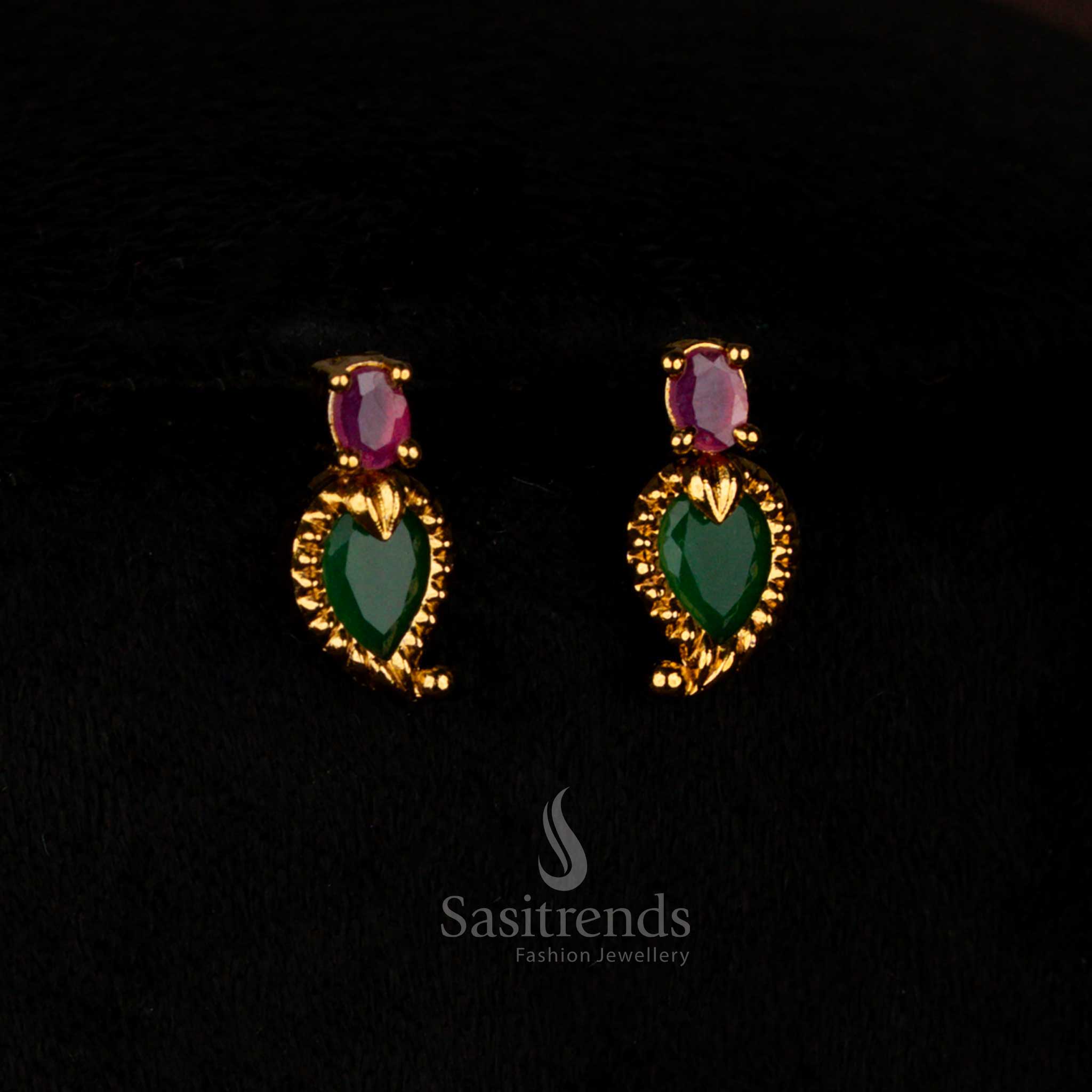Opulent Ruby-Green Matte Gold Palakka Mango AD Stone Hanging Earrings Crafted for Bridal Designer Looks and Grand Occasions – Sasitrends