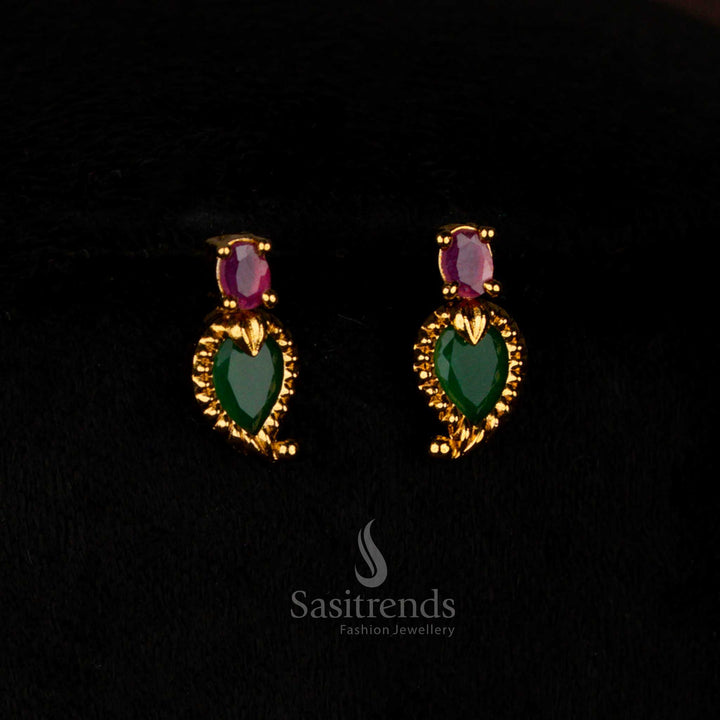 Opulent Ruby-Green Matte Gold Palakka Mango AD Stone Hanging Earrings Crafted for Bridal Designer Looks and Grand Occasions – Sasitrends