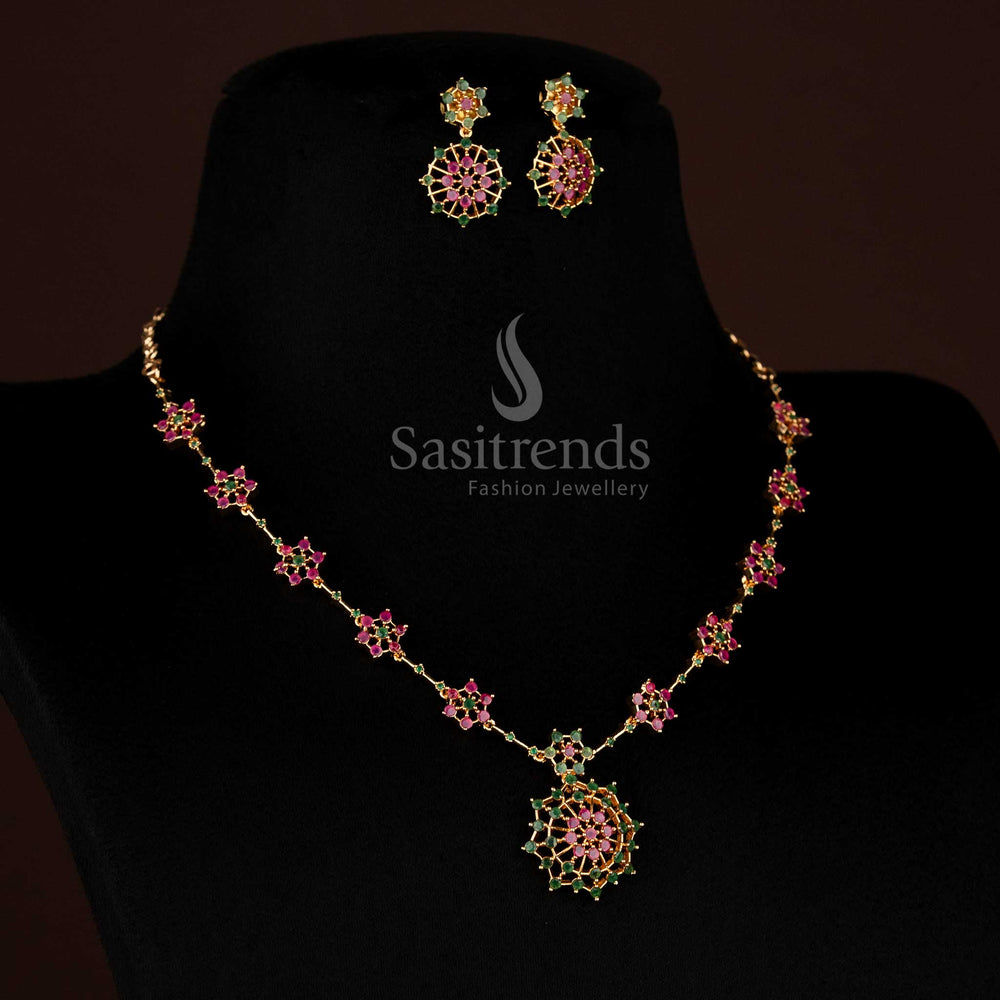 Vibrant Ruby-Green Traditional Necklace Jewellery Set with Micro Gold Plating and AD Stone Floral Starburst – Sasitrends