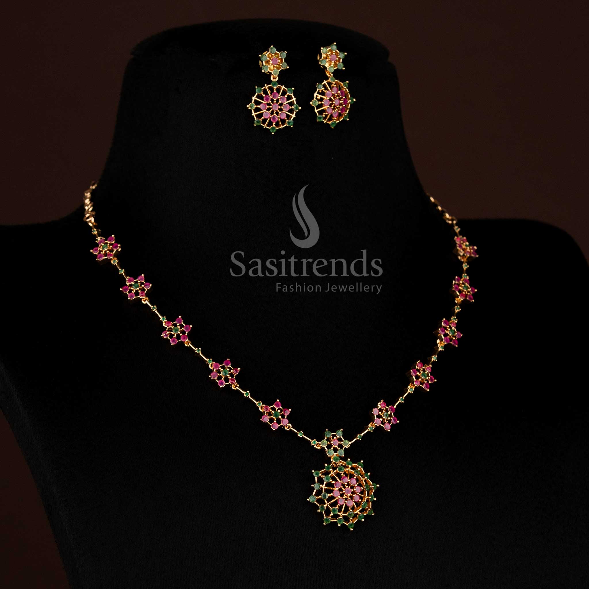 Vibrant Ruby-Green Traditional Necklace Jewellery Set with Micro Gold Plating and AD Stone Floral Starburst – Sasitrends