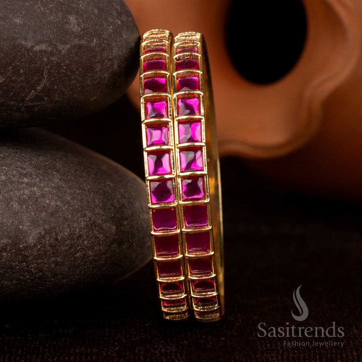 Ruby Micro Gold Plated Jadau Kundan Square Bangles, Ideal For Celebration, Wedding, And Party Occasions – Sasitrends