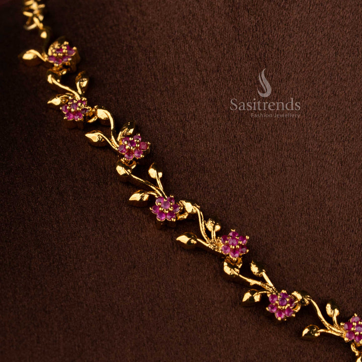 Radiant ruby matte gold peacock feather AD necklace jewellery set, perfect ornament for bridal and wedding saree styling - Sasitrends