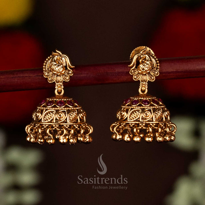 Graceful Premium Temple Matte Gold Plated Peacock Floral Leaf Jhumka Earrings with Hanging Beads For Special Occasions