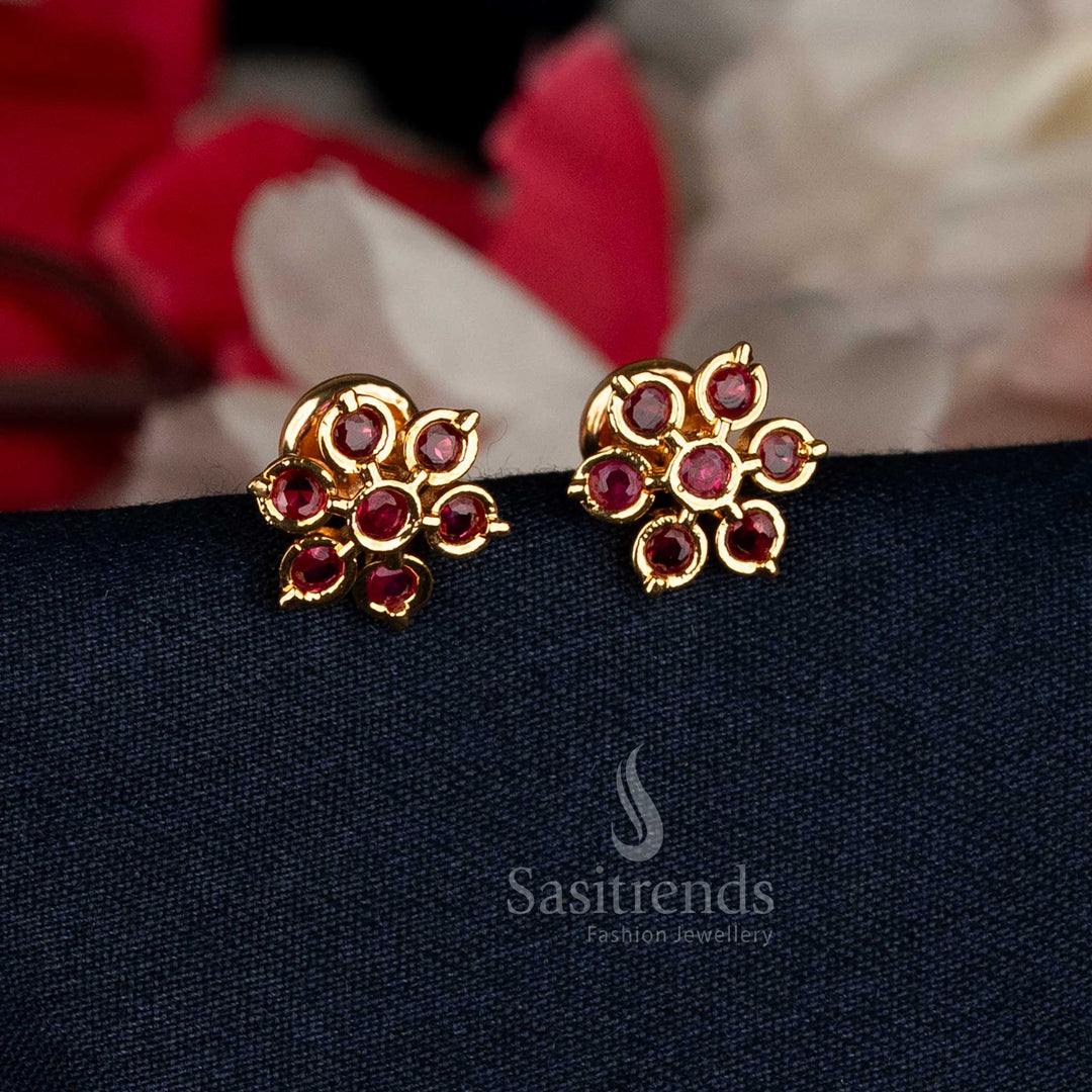 Charming ruby micro gold plated AD floral cluster stud earrings with real gold finish for elegant festive and bridal wear – Sasitrends