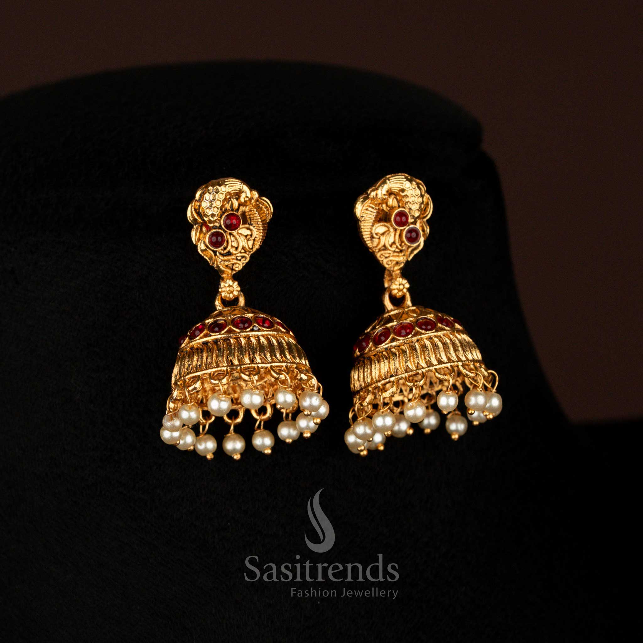 Peacock Matte Gold Plated Floral Jhumka Earrings in Radiant Ruby, Temple Inspired Design Perfect for Bridal and Festive Wear – Sasitrends