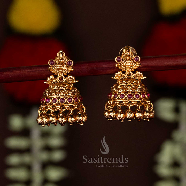 Traditional Matte Gold Plated Lakshmi Motif Floral Jhumka Earrings with Ghungroo Drops - Premium Elegance