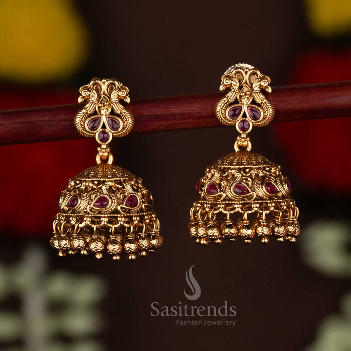 Premium Temple Matte Gold Plated Peacock Jhumka Earrings with Ghungroo Drops For  Festive Wear
