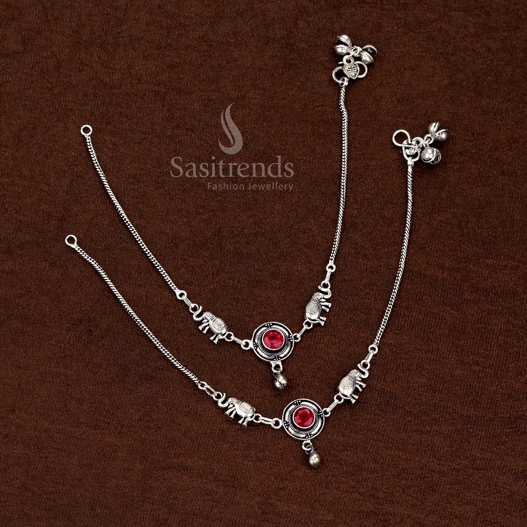 Captivating ruby oxidised Monalisa stone elephant anklets with circular patterns perfect for festive and cultural celebrations – Sasitrends
